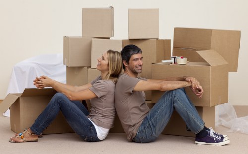 Household relocation items organized for transport by removals team