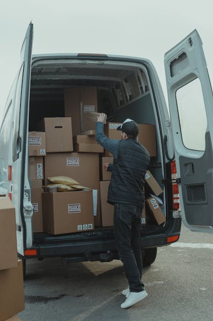 A professional mover from Man and Van Wood Green is loading cardboard boxes and packing materials into a white moving van outside a modern building. The boxes are placed on the ground and on a small h